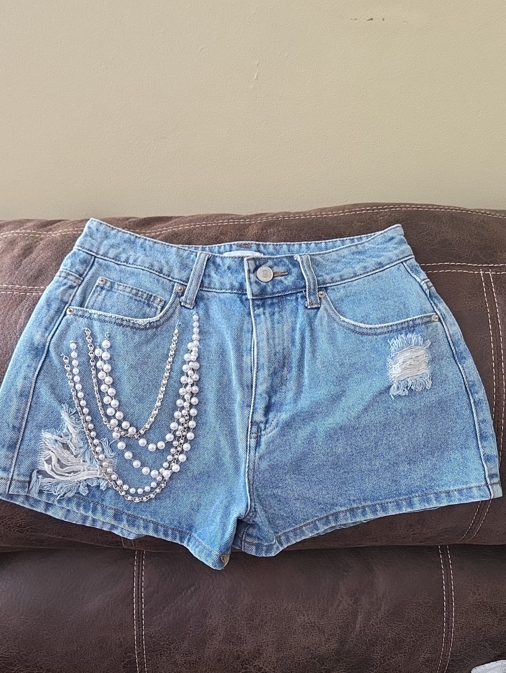 SIZE 26 Women’s Denim Shorts with Pearl Chain Accent - Light Blue